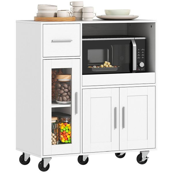 HOMCOM Küchenschrank auf Rädern, Mobile Küchenkommode mit Ablagen, Schubladen, verstellbarem Regal, Kabelloch, Weiß, 83A-402V90WT