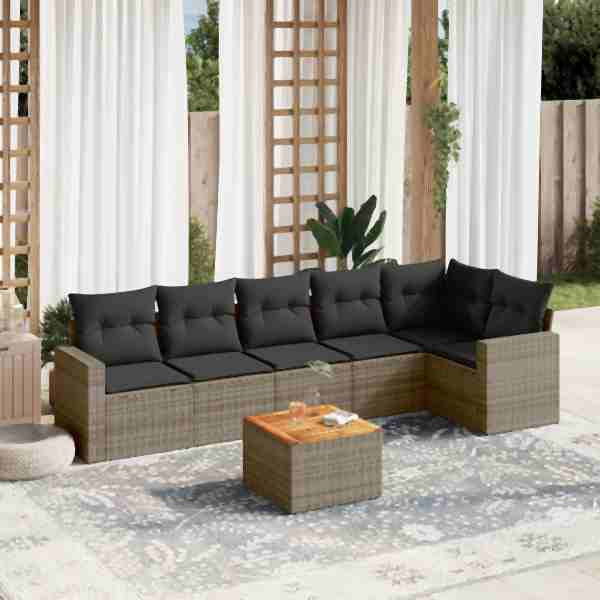 vidaXL 7-tlg. Garten-Sofagarnitur mit Kissen Grau Poly Rattan, UV-beständig, 3256466