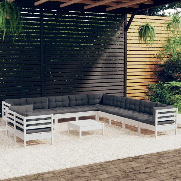 vidaXL 12-teilig Garten-Lounge-Set mit Kissen Weiß Massivholz Kiefer, 3096930