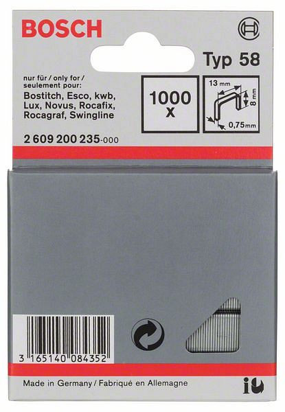 Bosch Feindrahtklammer Typ 58, 13 x 0,75 x 8 mm, 1000er-Pack, 2609200235