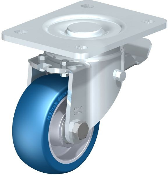 Blickle LH-ALBS 100K-3-ST Stahlblech-Lenkrolle, Schwerlast-Ausführung, mit Anschraubplatte & Feststeller, Blickle Besthane® Soft, Blau, 749960