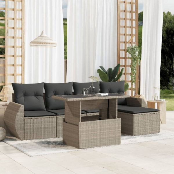 vidaXL 6-tlg. Garten-Sofagarnitur mit Kissen Hellgrau Poly Rattan, 3268502