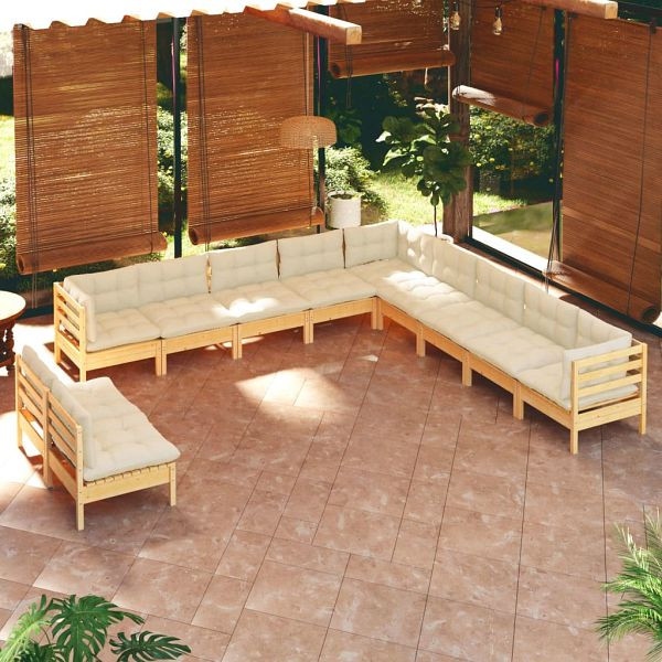 vidaXL 11-teilig Garten-Lounge-Set mit Creme Kissen Massivholz Kiefer, 3096851