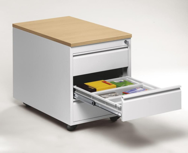 Deskin Rollcontainer BASE L, Schienenführung, Verschluss, Radfeststeller, B 460 x H 620 x T 800 mm, Stahlkorpus Lichtgrau, Dekor Buche, 274139