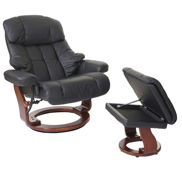 MCA Relaxsessel Calgary XXL, TV-Sessel Hocker, Echtleder 180kg belastbar, schwarz, Walnuss-Optik, 56055