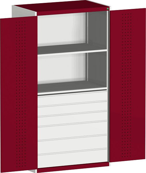 bott cubio Flügeltürschrank bestückt mit 6 Schubladen, 2 Fachböden BxTxH: 1300 x 650 x 2000 mm, RAL 7035/3004, 40022141.24V