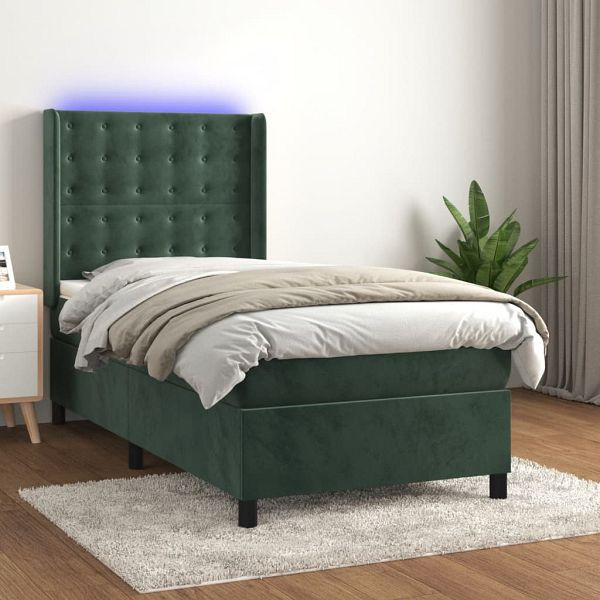 vidaXL Boxspringbett mit Matratze & LED Dunkelgrün 90x190 cm Samt, 3139778