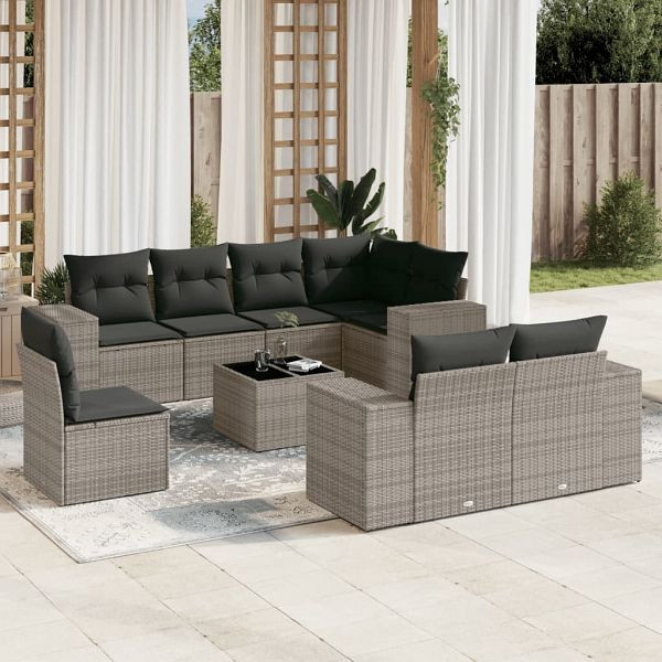 vidaXL 9-tlg. Garten-Sofagarnitur mit Kissen Grau Poly Rattan, 3255187