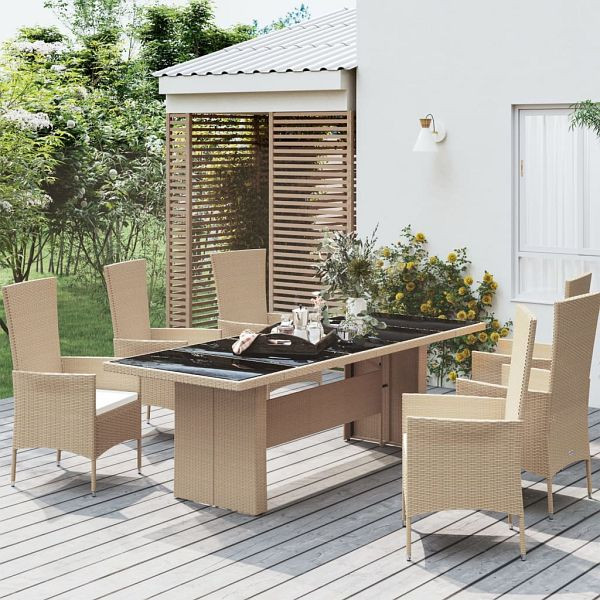 vidaXL Gartentisch mit Glasplatte Beige Poly Rattan & Hartglas, 319557