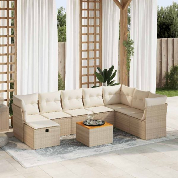 vidaXL 9-tlg. Garten-Sofagarnitur mit Kissen Beige Poly Rattan, 3325775