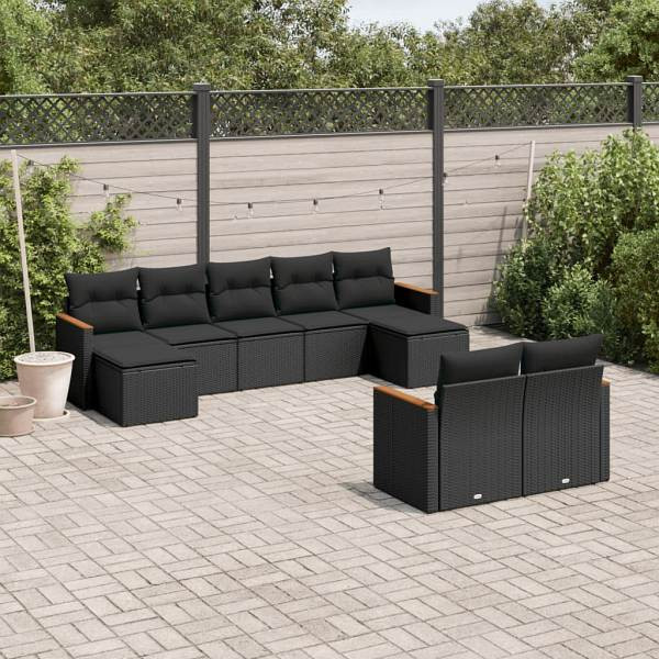 vidaXL 9-tlg. Garten-Sofagarnitur mit Kissen Schwarz Poly Rattan, UV-beständig, 3258800
