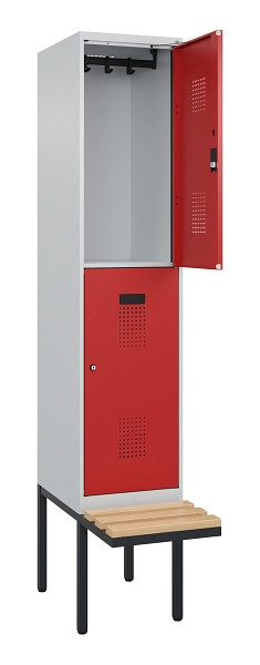 C+P Doppelstock-Spind Evolo PLUS, Bank, 2 Fächer, 2120x400x815mm, 7035/3000, Zylinderschloss, Sitzfläche Buche-Hartholz, 0493407-12 S10030
