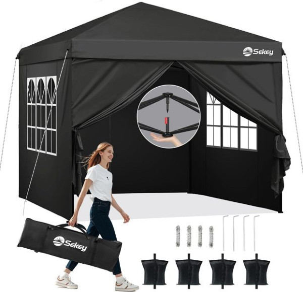 Sekey Pop Up Pavillon 3 x 3 m wasserdicht stabil winterfest, Camping Faltbar mit Seitenwänden, Höhe verstellbar in 3 Stufen, schwarz, Höhe: 2,6 m, GZ85