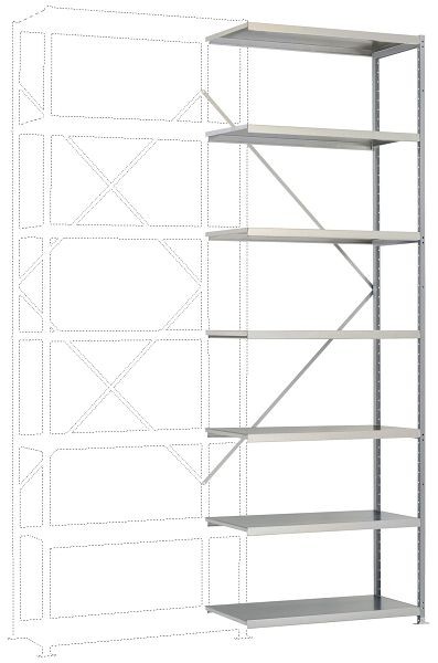 Manuflex Mittelschweres Fachboden-Steckregal Anbauregal mit 7 Stahlböden, HxBxT = 3000 x 1000 x 400 mm, alusilber, RP1718.9006