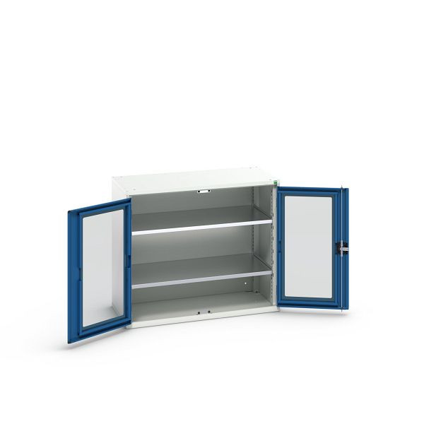 bott verso Flügeltürschrank mit Sichtfenster, mit 2 Fachböden, BxTxH: 1050 x 550 x 900 mm, Lichtgrau / Enzianblau, 16926275.11