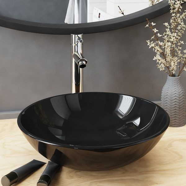 vidaXL Badezimmer Waschbecken mit Wasserhahn und Ablaufgarnitur Schwarz gehärtetes Glas, 3098449