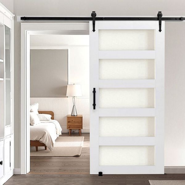 VEVOR Schiebetür im Scheunenstil 1067x2134mm, hochfeste MDF & Milchglas, PVC-Oberfläche, H-Rahmen, inkl. Hardware-Kit, GCMFHBBLMTZB4XM8E001V0