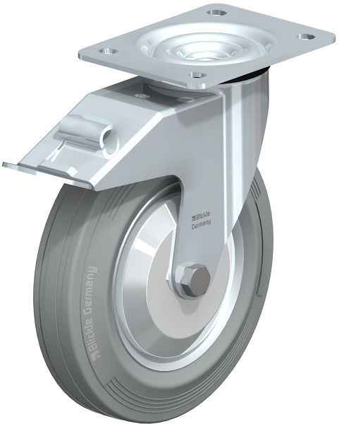 Blickle LE-VE 200R-FI-SG-FA Stahlblech-Lenkrolle mit Anschraubplatte & Feststeller, Vollgummi, Grau, 637900