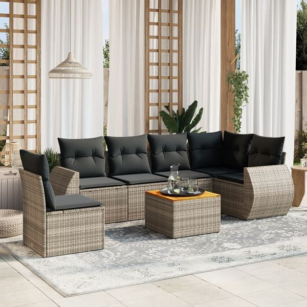 vidaXL 7-tlg. Garten-Sofagarnitur mit Kissen Grau Poly Rattan, 3257362