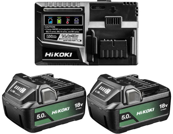 HiKOKI 18V Booster Pack, 18 Volt, 5.0 Ah Slide Akku mit Anzeige, BSL1850MA x2 + UC18YSL3, UC18YSL3WKZ
