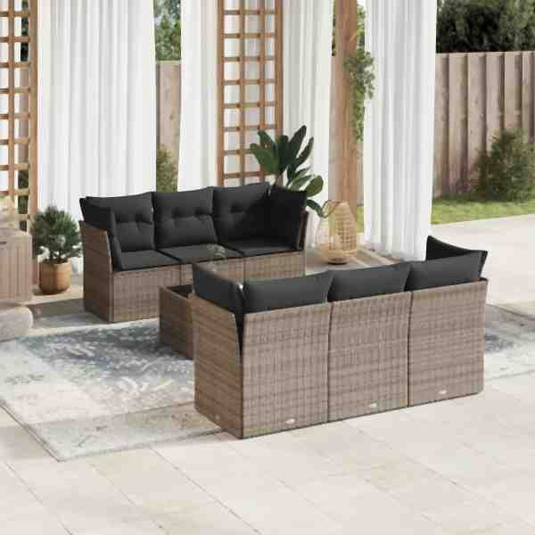 vidaXL 7-tlg. Garten-Sofagarnitur mit Kissen Grau Poly Rattan, UV-beständig, 3249099