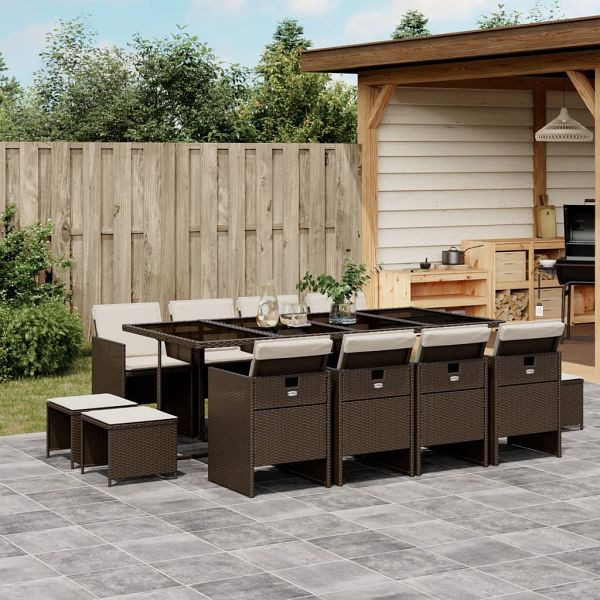 vidaXL 13-tlg. Garten-Essgruppe mit Kissen Braun Poly Rattan, 3210621