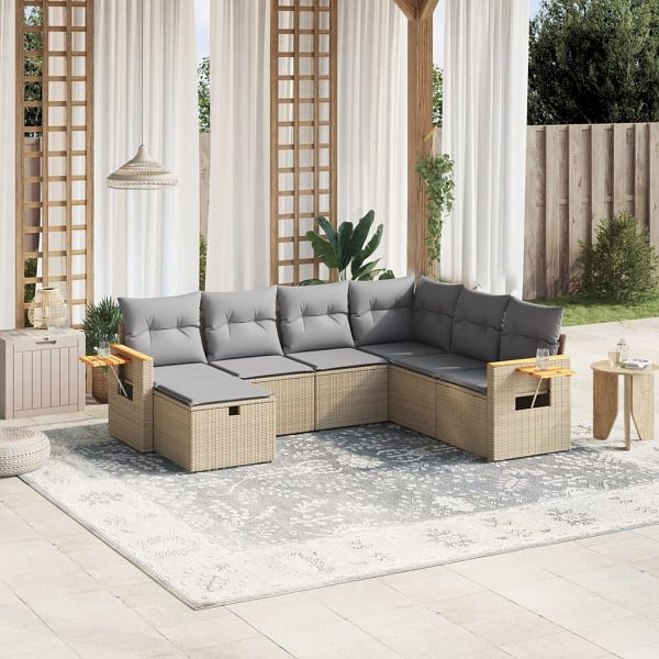 vidaXL 7-teilig Garten-Sofagarnitur mit Kissen Beige Poly Rattan, 3265546