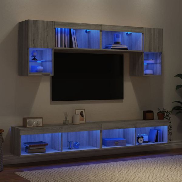 vidaXL 6-teilig Wohnwand mit LED-Beleuchtung Grau Sonoma Holzwerkstoff, 3216709