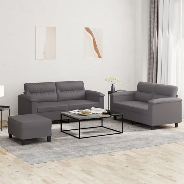 vidaXL 3-teilig Sofagarnitur mit Kissen Grau Kunstleder, 3202369