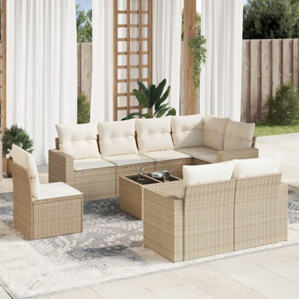 vidaXL 9-tlg. Garten-Sofagarnitur mit Kissen Beige Poly Rattan, 3251585