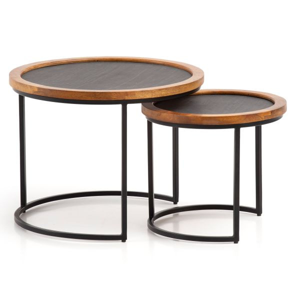 Wohnling Couchtisch 2er Set Mango Massivholz/Steinoptik Wohnzimmertisch Rund, Satztisch mit Metallgestell, Kaffeetisch Modern, Braun/Anthrazit, WL6.778