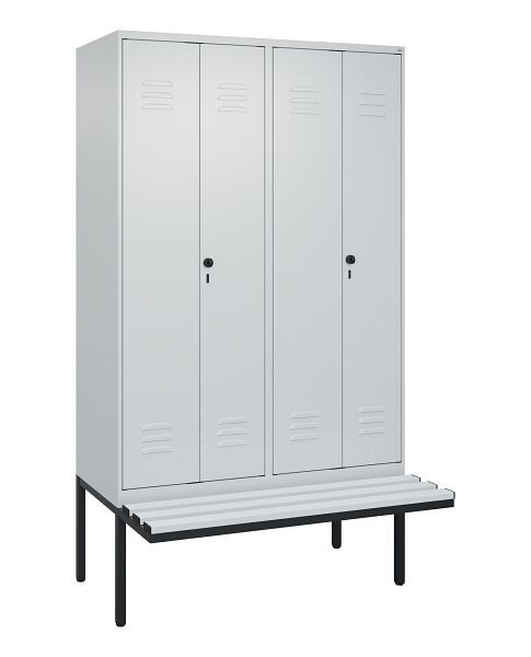 C+P Umkleidespind Classic PLUS SW, 4 Abteile, 2120x1200x815mm, 7035/7035, Drehriegel, Untergestell & Sitzfläche, 0800427-40 S10039