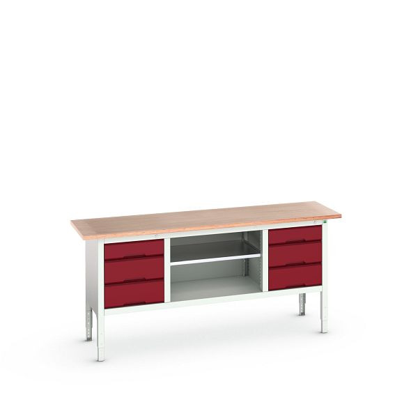 bott verso Kastenwerkbank (Multiplex-Platte) mit 6 Schubladen und 1 Ablageboden, BxTxH: 2000 x 600 x 830 - 930 mm, Lichtgrau / Purpurrot, 16923034.24