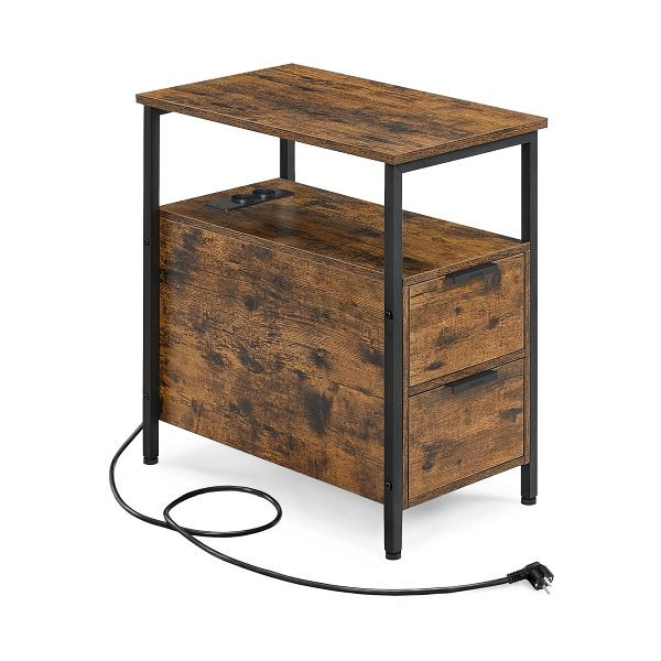 VASAGLE Beistelltisch, Nachttisch mit Steckdosenleiste, 2 Schubladen, Sofatisch, Vintage-Braun/Classic Black, LET325B01