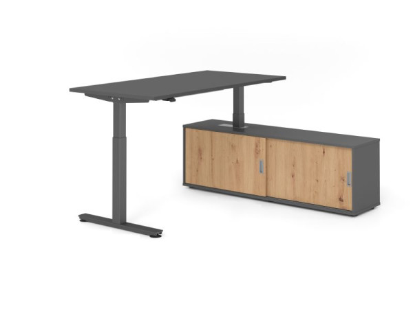 Hammerbacher Schreibtisch XMST16, 160x80cm, Platte: Graphit, T-Fuß Gestell Graphit, Höhe: 71 - 120 cm, Graphit / Asteiche, VXMST16SB/G/G/G/R