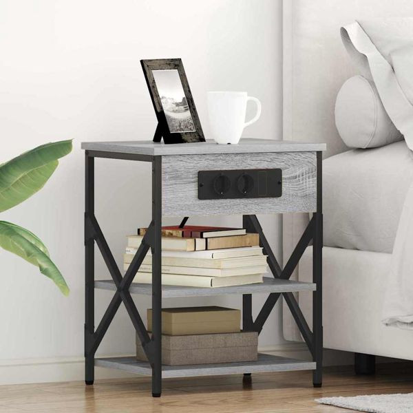 vidaXL Nachttisch mit Ladestation mit Regal Grau Sonoma Holzwerkstoff, 859522