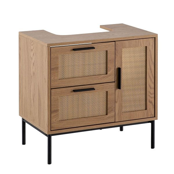 Wohnling Waschbeckenunterschrank Eiche-Optik 60x60x40cm mit Tür und Schubladen, Badezimmerschrank mit Rattangeflecht, Unterschrank Stehend, WL6.876