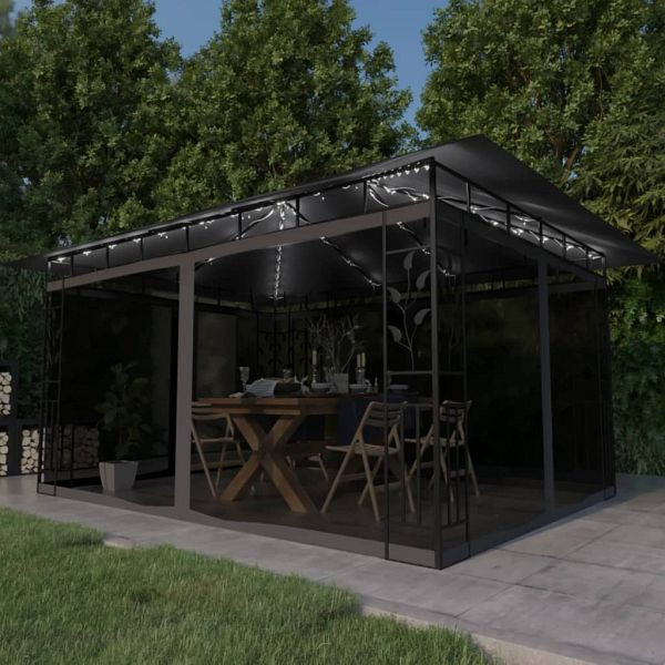 vidaXL Pavillon mit Moskitonetz & LED-Lichterkette 4x3x2,73m Anthrazit, 3070317