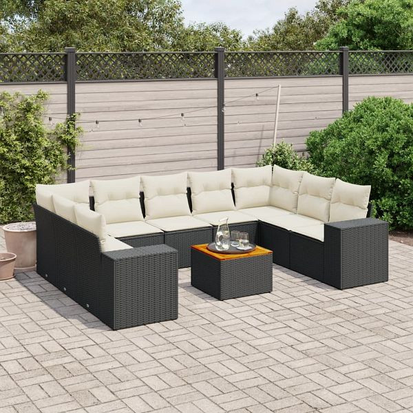 vidaXL 10-tlg. Garten-Sofagarnitur mit Kissen Schwarz Poly Rattan, 3225587