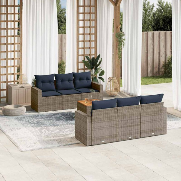 vidaXL 7-teilige Garten-Sofagarnitur mit Kissen Grau Poly Rattan, 3256348