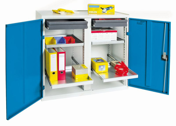 stumpf Werkzeugschrank, Höhe 100 cm, mit 2 Abteilen, 4 ausziehbare Wannenböden, 2 Schubladen, lichtgrau / lichtblau, 3002278