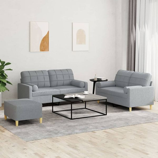 vidaXL 3-teilig Sofagarnitur mit Kissen Hellgrau Stoff, 3201298