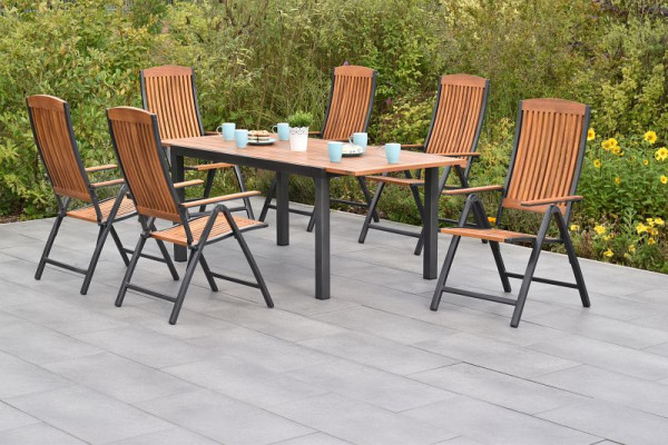 Merxx Athos Set 7-teilig, 6 Klappsessel, Rückenlehne 5-fach verstellbar, 1 Ausziehtisch 150 (200) x 90 cm, Aluminium mit FSC Akazienholz, 50835-217