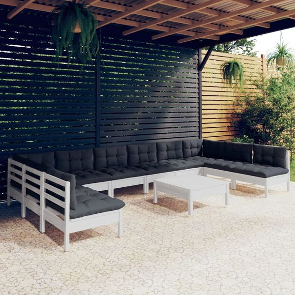 vidaXL 11-teilig Garten-Lounge-Set mit Kissen Weiß Kiefer Massivholz, 3097194