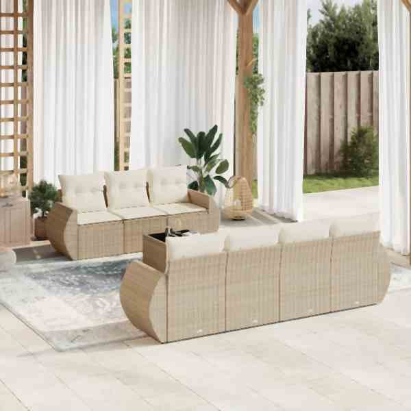 vidaXL 8-tlg. Garten-Sofagarnitur mit Kissen Beige Poly Rattan, UV-beständig, 3253465
