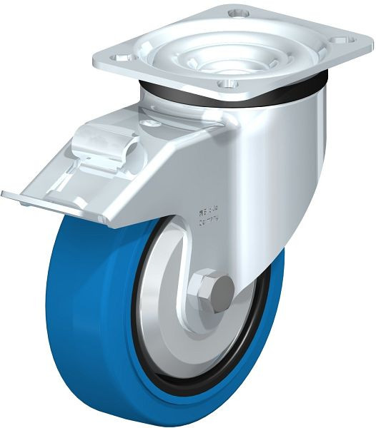 Blickle LK-POEV 125XR-1-FI-SB-FA Stahlblech-Lenkrolle, schwere Ausführung, mit Anschraubplatte & Feststeller, Elastik-Vollgummi, Blau, 851061