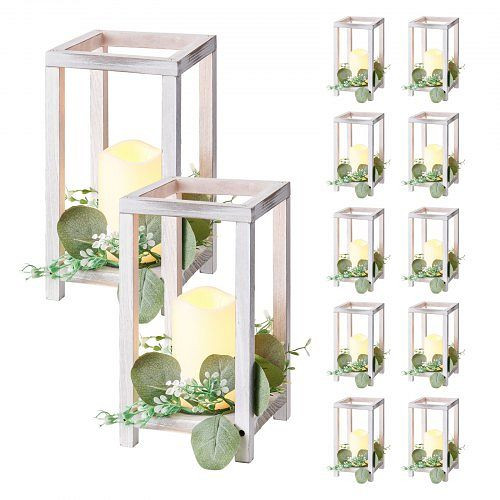 VEVOR 12er-Set Holzlaternen mit Kerzenhaltern, LED-Kerzen & Eukalyptusblätter-Kranz, Weiß, für Hochzeit & Party, MZHLDLDLLEDLBXHV3001V9