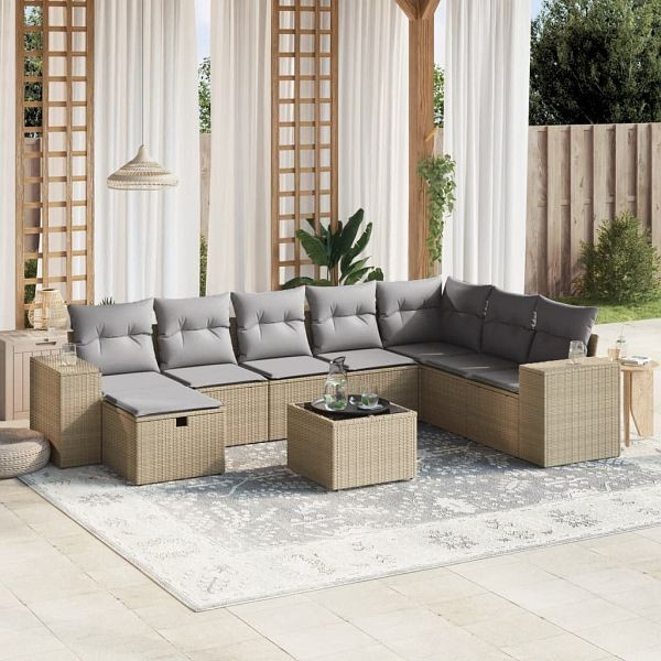 vidaXL 9-teilig Garten-Sofagarnitur mit Kissen Beige Poly Rattan, 3264525