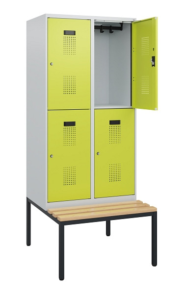 C+P Doppelstöckiger Spind Evolo PLUS, Bank, 4 Fächer, 1950x800x815mm, 7035/0024, Zylinderschloss, Sitzfläche Buche-Hartholz, Sitzbank, 0493505-22 S10042