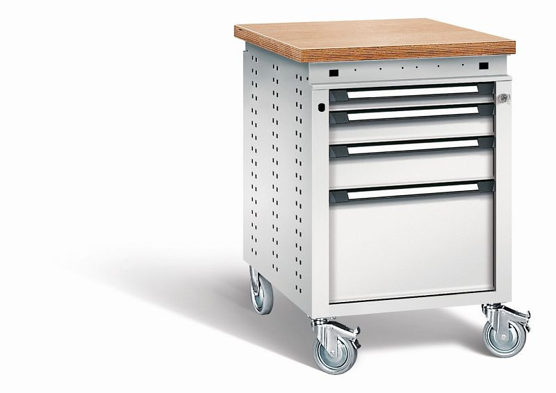 Otto Kind Werkbank Serie function Typ 153 fahrbar, Multiplexplatte 40 mm, bündig, 4 Schubladen, mit Zentralverschluss, komplett RAL 7035, 072380117